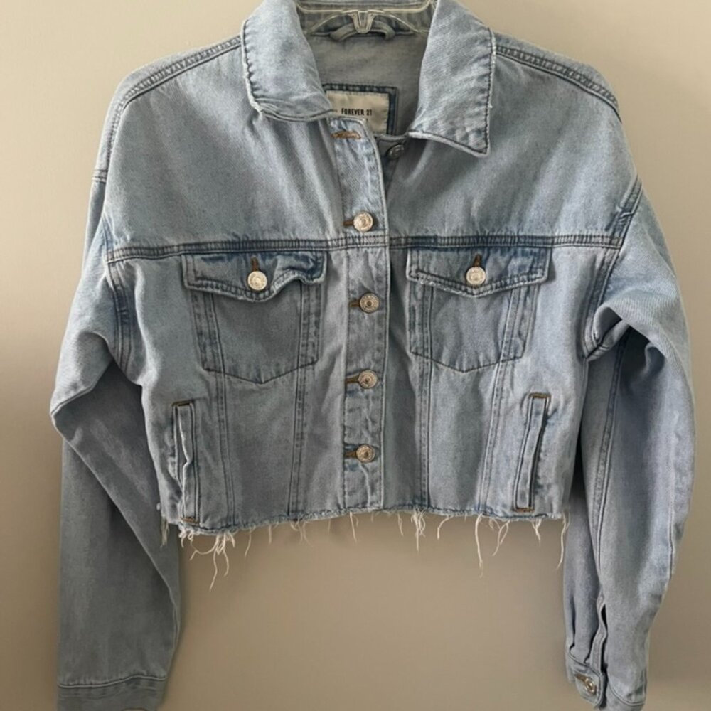Forever 21 Denim Jacket Crop Top Fringe Women's